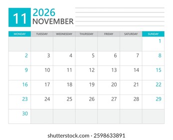 Calendar 2026 template vector, November 2026 template, week start on Monday, Desk calendar 2026 year, Business calendar in a minimalist, simple planner, Corporate planner template, print media design