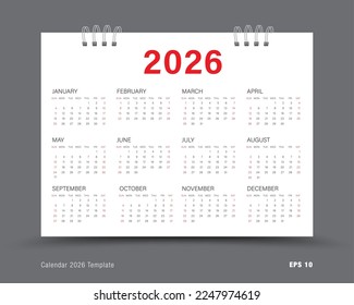 Calendar 2026 template vector, Set of 12 months, week starts on Sunday, Simple planner template, desk calendar 2026 year, wall calendar 2026 template, corporate template