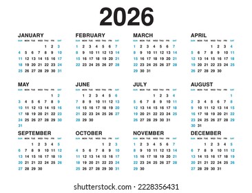 Calendar 2026 template vector, simple minimal design, Planner 2026 year, Wall calendar 2026 year, Week Starts sunday, Set of 12 calendar, advertisement, printing, stationery, holidays in blue colors