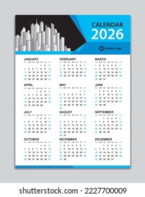 Calendar 2026 template, Wall Calendar 2026 year, Desk Calendar 2026 Design, Week Start On Sunday, Poster, Planner, Stationery, Printing, vertical artwork, Blue polygon background concept