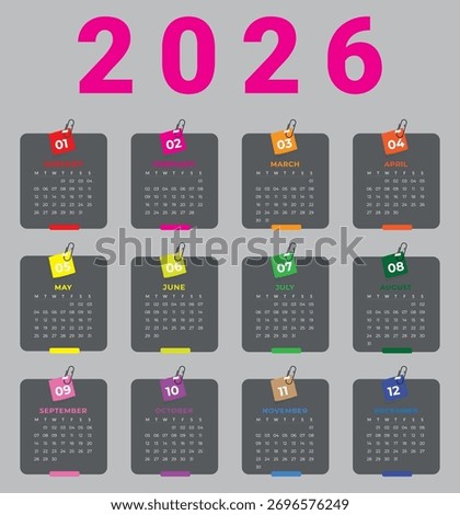 Calendar 2026 template, Week start Monday, corporate design planner template.Set Desk Calendar 2026 design. Calendar Planner 2026 in English language. Wall calendar, Set of 12 Months. Poster, printing