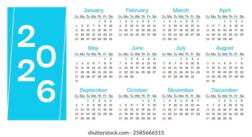 Calendar 2026 template. Week starts on Sunday. Wall monthly calendar 2026 in minimalist style. Corporate design planner desk calendar, office organizer. Printing elegance template. Vector illustration