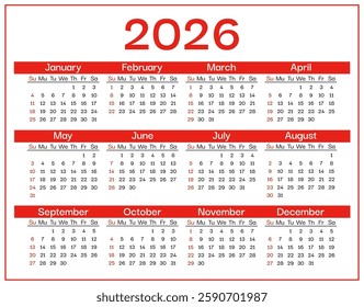 Calendar 2026 template. Week starts on Sunday. Wall monthly calendar 2026 in minimalist style. Corporate design planner desk calendar, office organizer. Printing modern template. Vector illustration