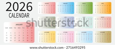 calendar 2026. This is a full year 2026 calendar showing all twelve months in a clean, grid format.  2026 monthly calendar template for company. 