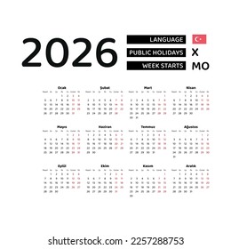 Calendar 2026 Turkish language with Turkey public holidays. Week starts from Monday. Graphic design vector illustration.