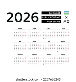 Calendar 2026 Uzbek language with Uzbekistan public holidays. Week starts from Monday. Graphic design vector illustration..