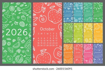 Calendar 2026. Vector English wall calender template. Fruits, berries. Lemon, kiwi, banana, pear, cherry and strawberry. Raspberry, watermelon, grapes, apple, pomegranate and mandarin. Sketch design