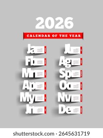 Calendario para 2026. Ilustración vectorial con meses recortados de papel y una sombra sobre el fondo. Inicio de la semana - Domingo
