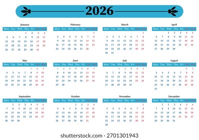 Calendário 2026. Ilustração vetorial. Modelo simples.