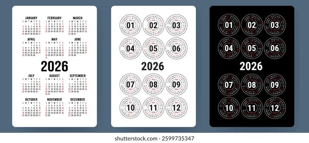 Calendar 2026 vector set. Pocket calender collection. Week starts on Sunday. Basic grid template for print