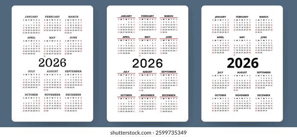 Calendar 2026 vector set. Pocket calender collection. Week starts on Sunday. Basic grid template for print