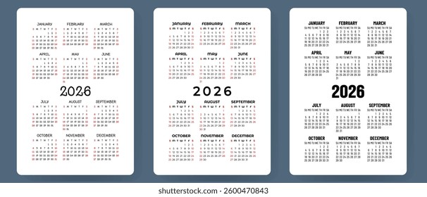 Calendar 2026 vector set. Pocket calender collection. Week starts on Sunday. Basic grid template for print