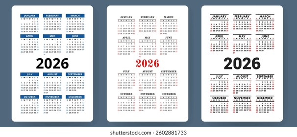 Calendar 2026 vector set. Pocket calender collection. Week starts on Sunday. Basic grid template for print