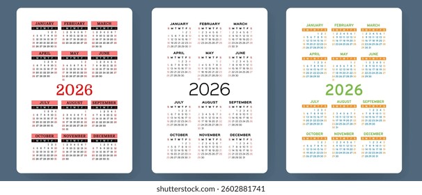 Calendar 2026 vector set. Pocket calender collection. Week starts on Sunday. Basic grid template for print