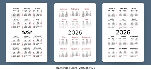 Calendar 2026 vector set. Pocket calender collection. Week starts on Sunday. Basic grid template for print