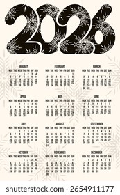 Calendar. 2026 vertical Calendar layout. Vector illustration of 2026 Calendar template design with modern 2026 Numbers and snowflakes. EPS 10