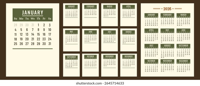 Calendar 2026. Vertical retro Calendar daily planner. Business layout for print. Pages template for business, printable wall, monthly, desktop calendar. Week starts on Sunday. Vector flat illustration