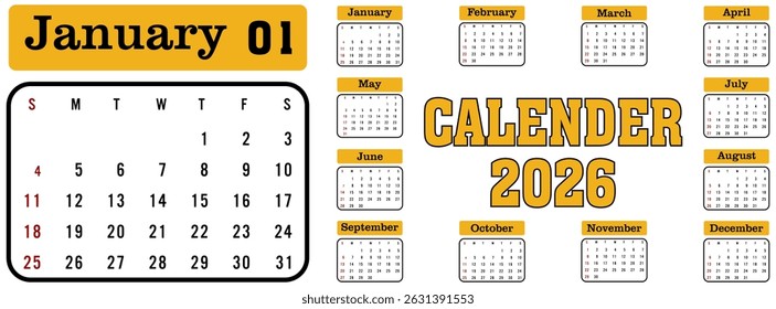 Calendar 2026 week start Monday corporate design planner template. Flat vector illustration isolated on white background