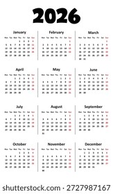 Calendar 2026 week start Monday corporate design planner template.