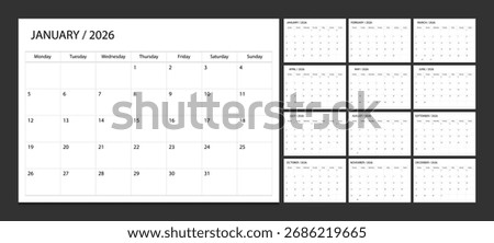 Calendar 2026 week start Monday corporate design planner template. Calender planner 2026.