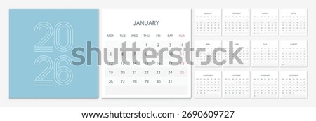 Calendar 2026 week start Monday corporate design template vector. Cover calendar 2026.