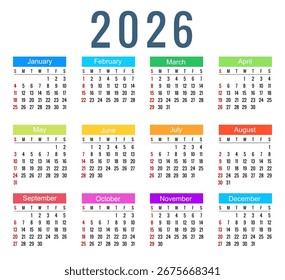 Calendário 2026, semana do calendário começa no domingo - vetor