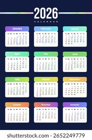 Calendário 2026 com início de semana domingo. Layout de design corporativo vetorial para impressão, calendário de parede, calendário digital. Adequado para o formato A3 A4 A5.