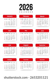 Calendar 2026 with week start Sunday. Vector corporate design layout for print, wall calendar, digital calendar. Suitable for A3 A4 A5 format.