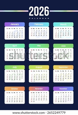 Calendar 2026 with week start Sunday. Vector corporate design layout for print, wall calendar, digital calendar. Suitable for A3 A4 A5 format.