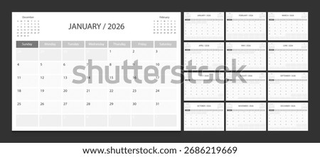 Calendar 2026 week start Sunday corporate design planner template.