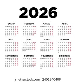 Calendario 2026, la semana comienza el lunes. Español