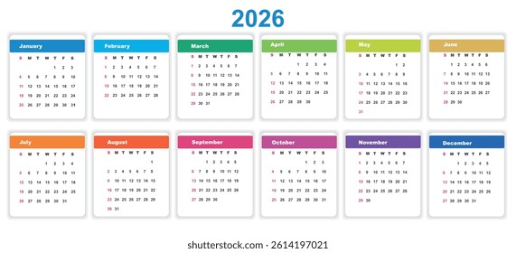Calendar 2026 . Week Starts on Sunday. Stationary Template with 12 Months.Vector.