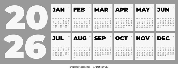 2026. La semana comienza el lunes. Planificador de Vertical. Conjunto de páginas A4 de Vector