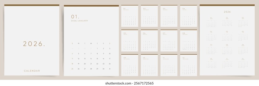 Calendar 2026. Week starts Sunday. Minimal boho design monthly template vector.	