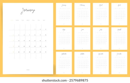 Calendar 2026. Week starts Sunday. Elegant Handwritten design monthly 2026 calendar template vector.	