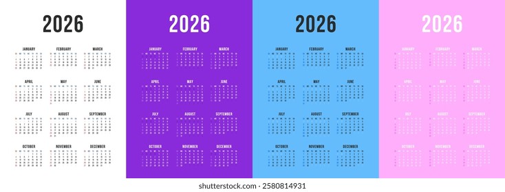 Calendar 2026, Calendar 2026 Week Starts Sunday One Page A4 Creative Art Design Planner Template.