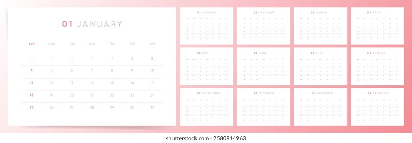 Calendar 2026. Week starts Sunday. Cute minimal design monthly 2026 calendar template vector.	