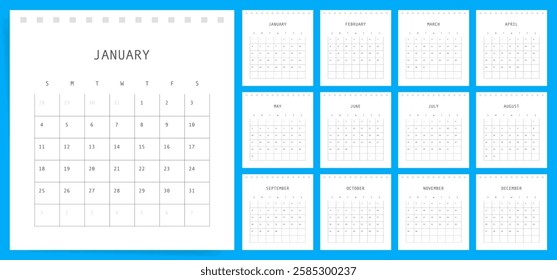 Calendar 2026. Week starts Sunday. Square wall or table design monthly 2026 calendar template vector.	