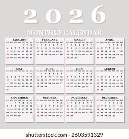 Calendar 2026, Calendar 2026 Week Starts Sunday,  2026 calendar design, 2026 calendar vertical - week starts with Sunday.
