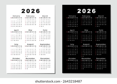 Calendário 2026, Semana Começa Domingo, 2 Página A4. Modelo de Planejador de Design. Imprimir. Business minimo moderno 2026 calendário.