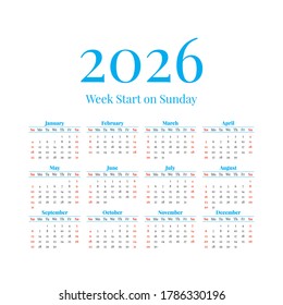 Calendario 2026. Las semanas empiezan el domingo