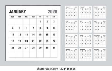 Calendar 2026 year black design, Monthly calendar template for 2026 year, Week Starts on sunday, Minimalist Wall calendar 2026 template, planner, Business template Vector