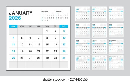 Calendar 2026 year blue design, Monthly calendar template for 2026 year, Week Starts on sunday, Minimalist Wall calendar 2026 template, planner, Business template Vector