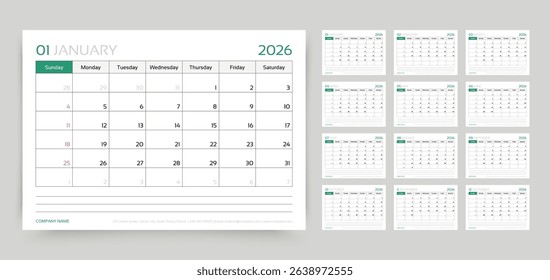 Calendar 2026 year. Calender template. Monthly desk planner. Week starts Sunday. Yearly stationery organizer. Schedule layout with 12 month. Horizontal diary grid in English. Vector illustration