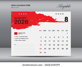 Calendar 2026 year design, August 2026 template, Desk calender 2026 design, planner, simple, Wall calendar design, week starts on sunday, printing, advertiement, red brushstroke background, vector