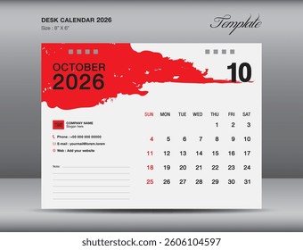 Calendar 2026 year design, October 2026 template, Desk calender 2026 design, planner, simple, Wall calendar design, week starts on sunday, printing, advertiement, red brushstroke background, vector