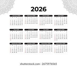 Vector de diseño del año 2026. Plantilla de calendario minimalista 2026 sobre fondo blanco