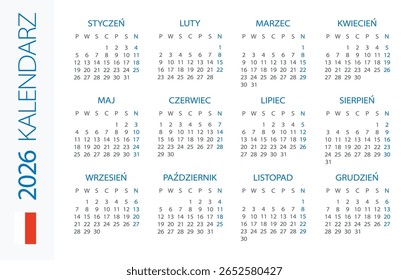 Calendário 2026 ano horizontal - ilustração vetorial. Versão em língua polonesa