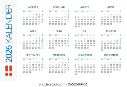 Calendar 2026 year Horizontal - vector illustration. Danish language version