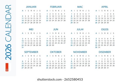 Calendar 2026 year Horizontal - vector illustration. Singaporean language version